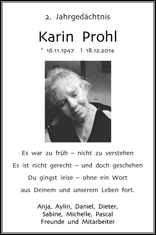  Traueranzeige für Karin Prohl vom 17.12.2016 aus Kölner Stadt-Anzeiger / Kölnische Rundschau / Express