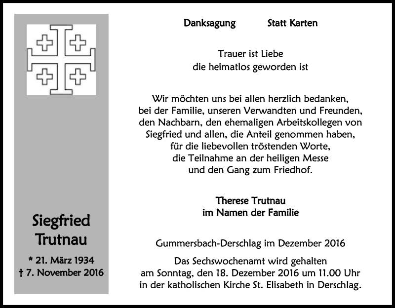  Traueranzeige für Siegfried Trutnau vom 13.12.2016 aus Kölner Stadt-Anzeiger / Kölnische Rundschau / Express
