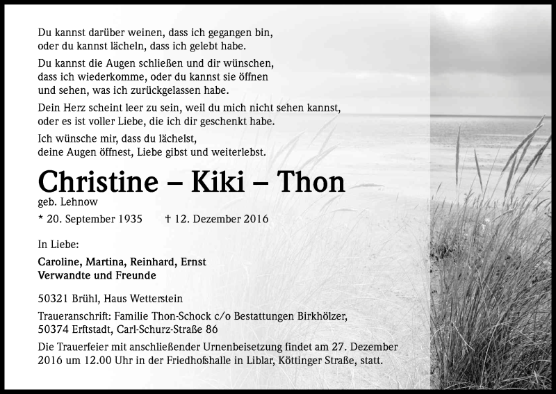  Traueranzeige für Christine Kiki Thon vom 24.12.2016 aus Kölner Stadt-Anzeiger / Kölnische Rundschau / Express