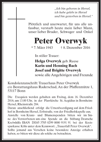 Anzeige von Peter Overwyk von  Schaufenster/Blickpunkt 