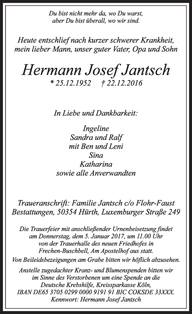  Traueranzeige für Hermann Josef Jantsch vom 31.12.2016 aus  Sonntags-Post 