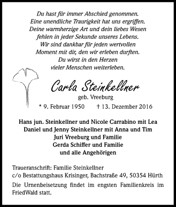 Anzeige von Carla Steinkellner von Kölner Stadt-Anzeiger / Kölnische Rundschau / Express