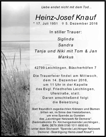 Anzeige von Heinz-Josef Knauf von Kölner Stadt-Anzeiger / Kölnische Rundschau / Express
