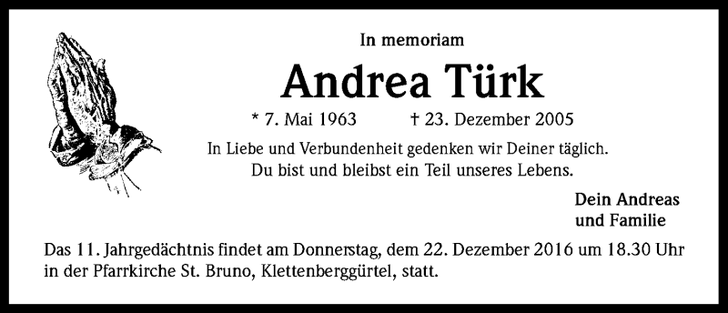  Traueranzeige für Andrea Türk vom 19.12.2016 aus Kölner Stadt-Anzeiger / Kölnische Rundschau / Express