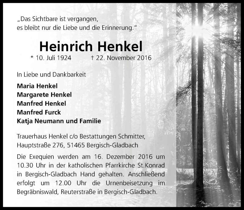  Traueranzeige für Heinrich Henkel vom 10.12.2016 aus Kölner Stadt-Anzeiger / Kölnische Rundschau / Express