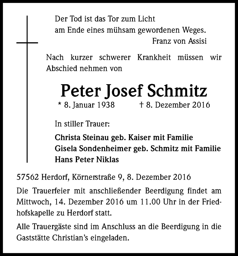  Traueranzeige für Peter Josef Schmitz vom 14.12.2016 aus Kölner Stadt-Anzeiger / Kölnische Rundschau / Express