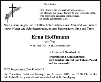 Anzeige von Erna Hoffmann von Kölner Stadt-Anzeiger / Kölnische Rundschau / Express