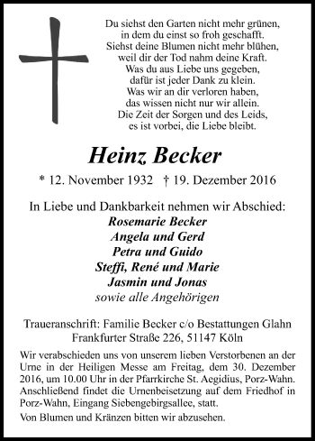 Anzeige von Heinz Becker von Kölner Stadt-Anzeiger / Kölnische Rundschau / Express
