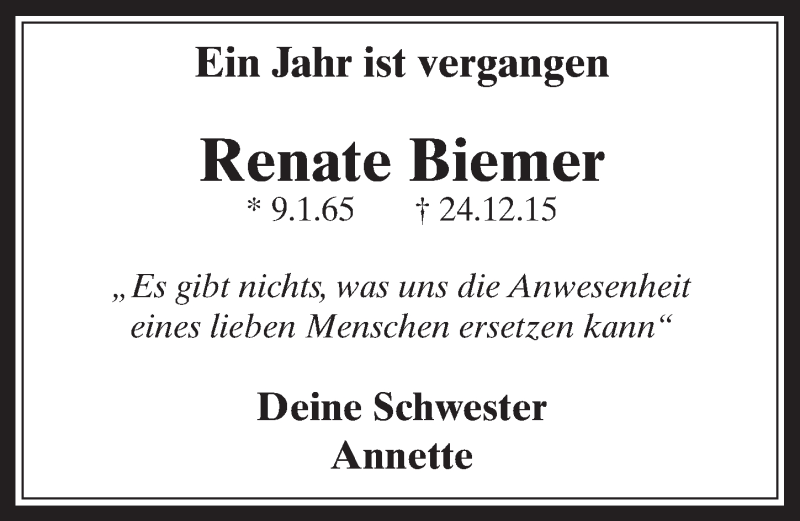  Traueranzeige für Renate Biemer vom 28.12.2016 aus  Wochenende 