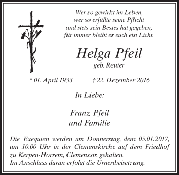 Anzeige von Helga Pfeil von  Sonntags-Post 