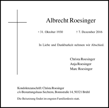 Anzeige von Albrecht Roesinger von Kölner Stadt-Anzeiger / Kölnische Rundschau / Express