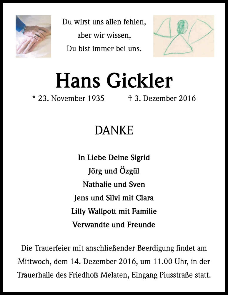  Traueranzeige für Hans Gickler vom 10.12.2016 aus Kölner Stadt-Anzeiger / Kölnische Rundschau / Express
