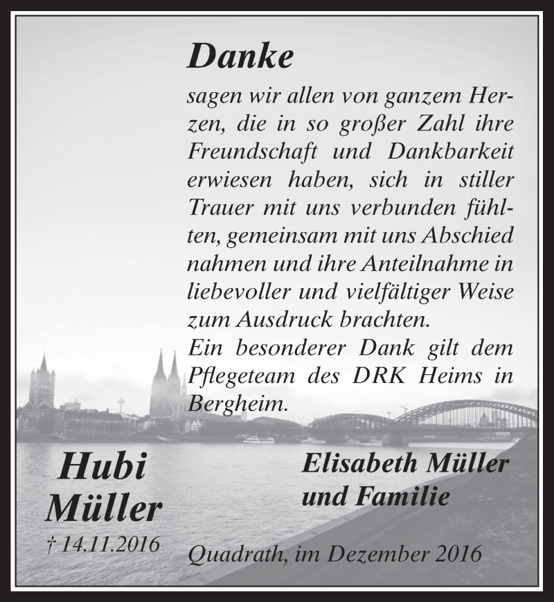  Traueranzeige für Hubi Müller vom 14.12.2016 aus  Werbepost 