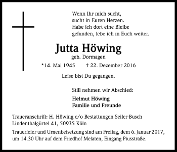 Anzeige von Jutta Höwing von Kölner Stadt-Anzeiger / Kölnische Rundschau / Express