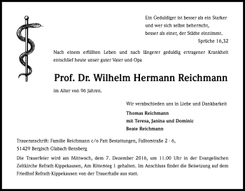 Anzeige von Wilhelm Hermann Reichmann von Kölner Stadt-Anzeiger / Kölnische Rundschau / Express