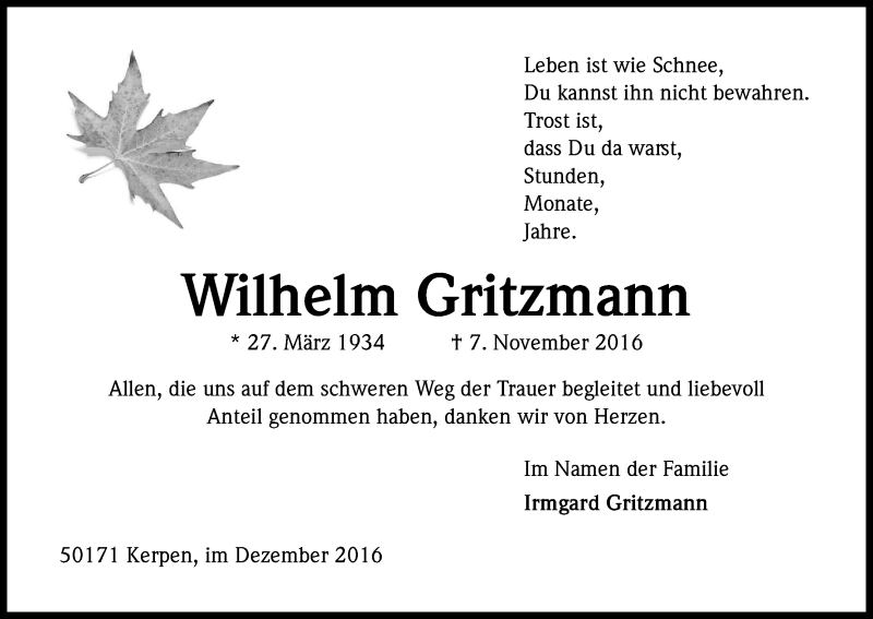  Traueranzeige für Wilhelm Gritzmann vom 10.12.2016 aus Kölner Stadt-Anzeiger / Kölnische Rundschau / Express
