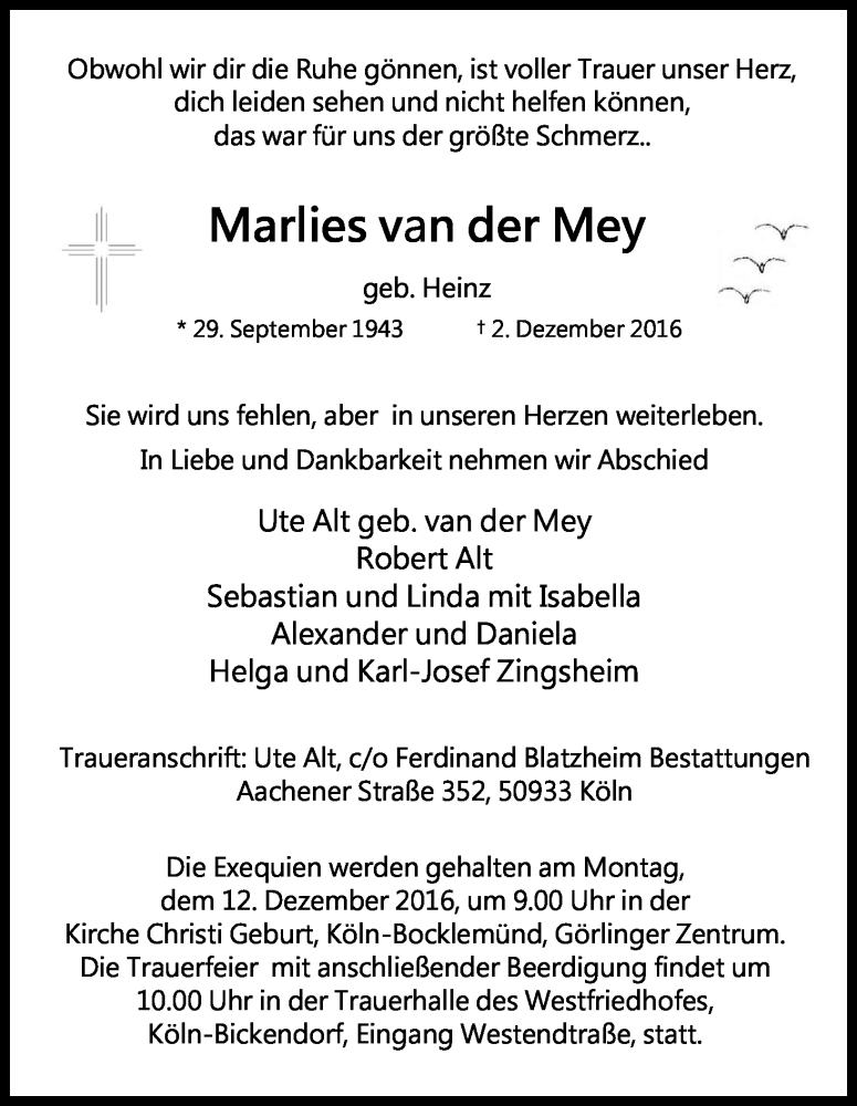  Traueranzeige für Marlies van der Mey vom 07.12.2016 aus Kölner Stadt-Anzeiger / Kölnische Rundschau / Express