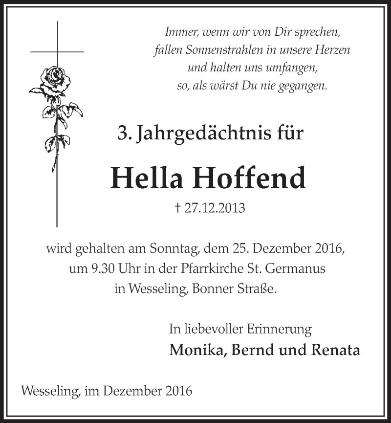  Traueranzeige für Hella Hoffend vom 21.12.2016 aus  Schlossbote/Werbekurier 