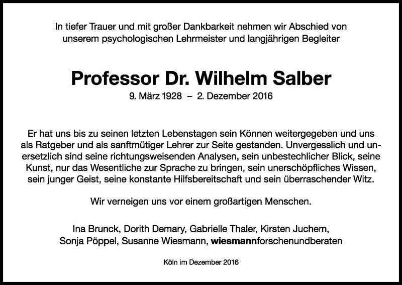  Traueranzeige für Wilhelm Salber vom 10.12.2016 aus Kölner Stadt-Anzeiger / Kölnische Rundschau / Express