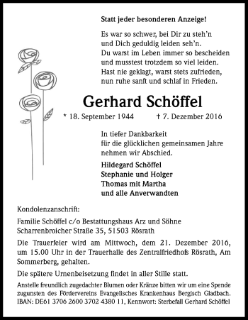 Anzeige von Gerhard Schöffe von Kölner Stadt-Anzeiger / Kölnische Rundschau / Express