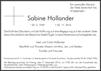Anzeige von Sabine Hollander von Kölner Stadt-Anzeiger / Kölnische Rundschau / Express