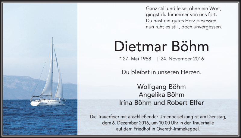  Traueranzeige für Dietmar Böhm vom 03.12.2016 aus  Bergisches Sonntagsblatt 