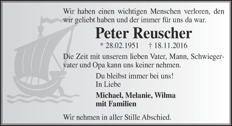  Traueranzeige für Peter Reuscher vom 07.12.2016 aus  Bergisches Handelsblatt 