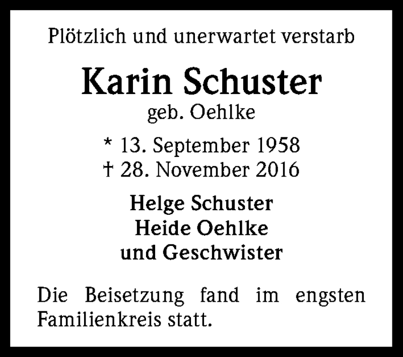  Traueranzeige für Karin Schuster vom 10.12.2016 aus Kölner Stadt-Anzeiger / Kölnische Rundschau / Express