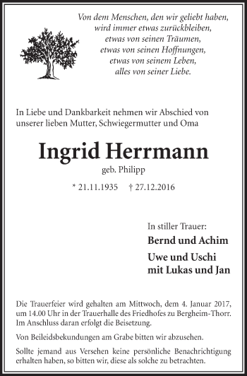 Anzeige von Ingrid Herrmann von  Sonntags-Post 