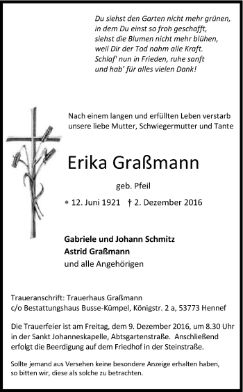 Anzeige von Erika Graßmann von Kölner Stadt-Anzeiger / Kölnische Rundschau / Express