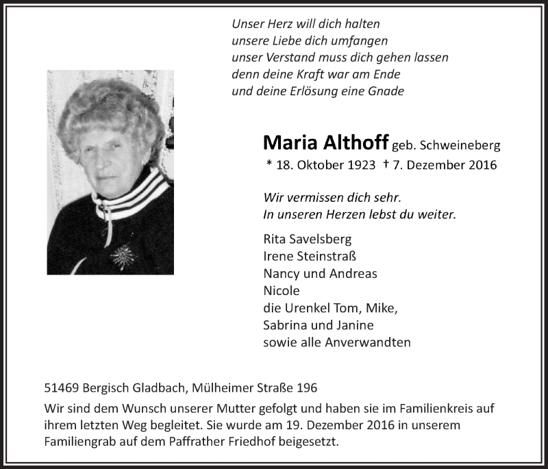  Traueranzeige für Maria Althoff vom 21.12.2016 aus  Bergisches Handelsblatt 