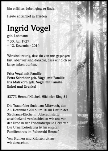 Anzeige von Ingrid Vogel von Kölner Stadt-Anzeiger / Kölnische Rundschau / Express