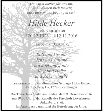 Anzeige von Hilde Hecker von Kölner Stadt-Anzeiger / Kölnische Rundschau / Express
