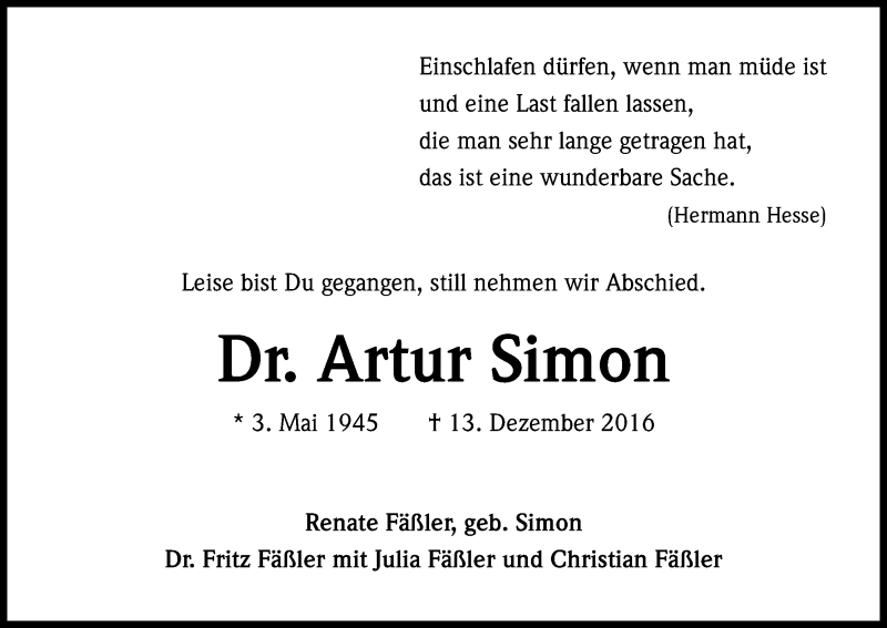  Traueranzeige für Artur Simon vom 21.12.2016 aus Kölner Stadt-Anzeiger / Kölnische Rundschau / Express