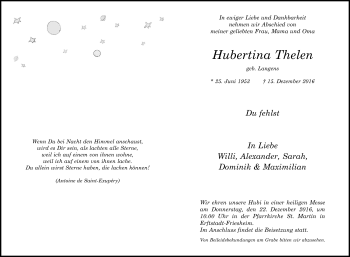 Anzeige von Hubertina Thelen von Kölner Stadt-Anzeiger / Kölnische Rundschau / Express