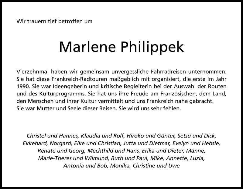  Traueranzeige für Marlene Philippek vom 31.12.2016 aus Kölner Stadt-Anzeiger / Kölnische Rundschau / Express