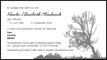 Anzeige von Gisela Elisabeth Hudasch von Kölner Stadt-Anzeiger / Kölnische Rundschau / Express
