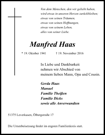 Anzeige von Manfred Haas von Kölner Stadt-Anzeiger / Kölnische Rundschau / Express