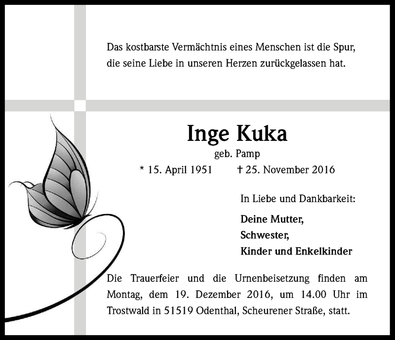  Traueranzeige für Inge Kuka vom 10.12.2016 aus Kölner Stadt-Anzeiger / Kölnische Rundschau / Express