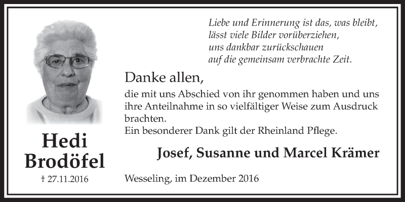  Traueranzeige für Hedi Brodöfel vom 21.12.2016 aus  Schlossbote/Werbekurier 