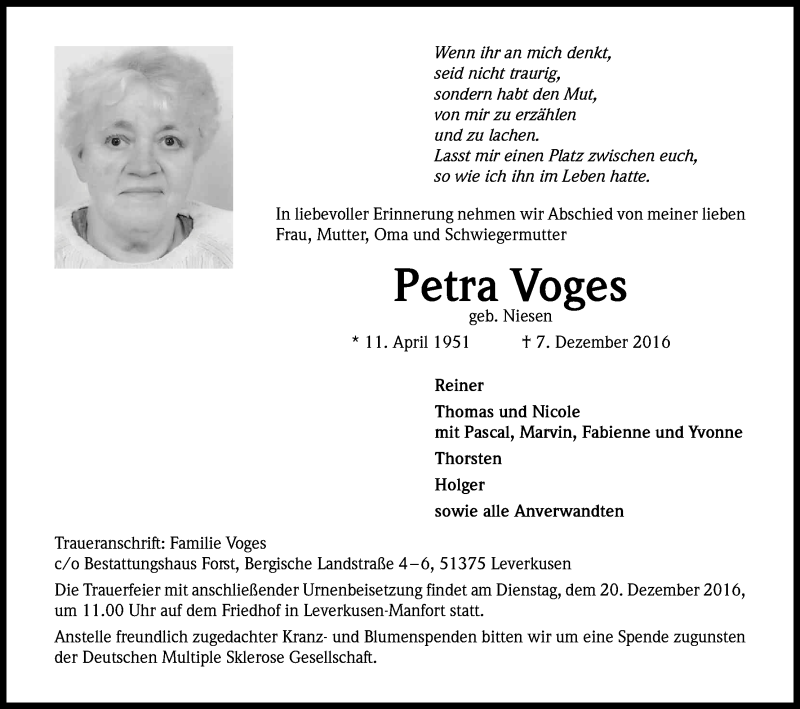  Traueranzeige für Petra Voges vom 14.12.2016 aus Kölner Stadt-Anzeiger / Kölnische Rundschau / Express