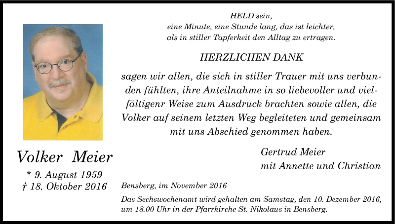  Traueranzeige für Volker Meier vom 03.12.2016 aus Kölner Stadt-Anzeiger / Kölnische Rundschau / Express