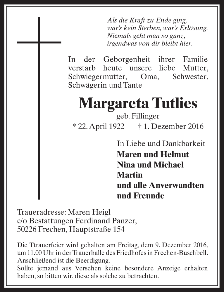  Traueranzeige für Margareta Tutlies vom 07.12.2016 aus  Wochenende 