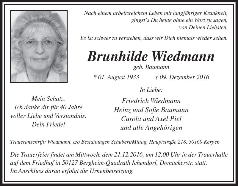  Traueranzeige für Brunhilde Wiedmann vom 17.12.2016 aus  Sonntags-Post 