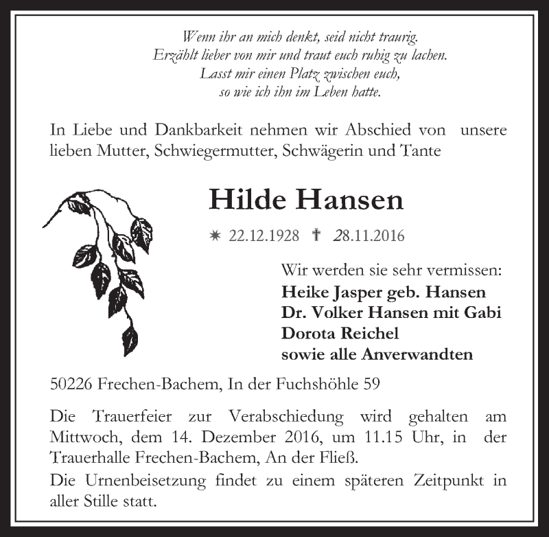  Traueranzeige für Hilde Hansen vom 07.12.2016 aus  Wochenende 