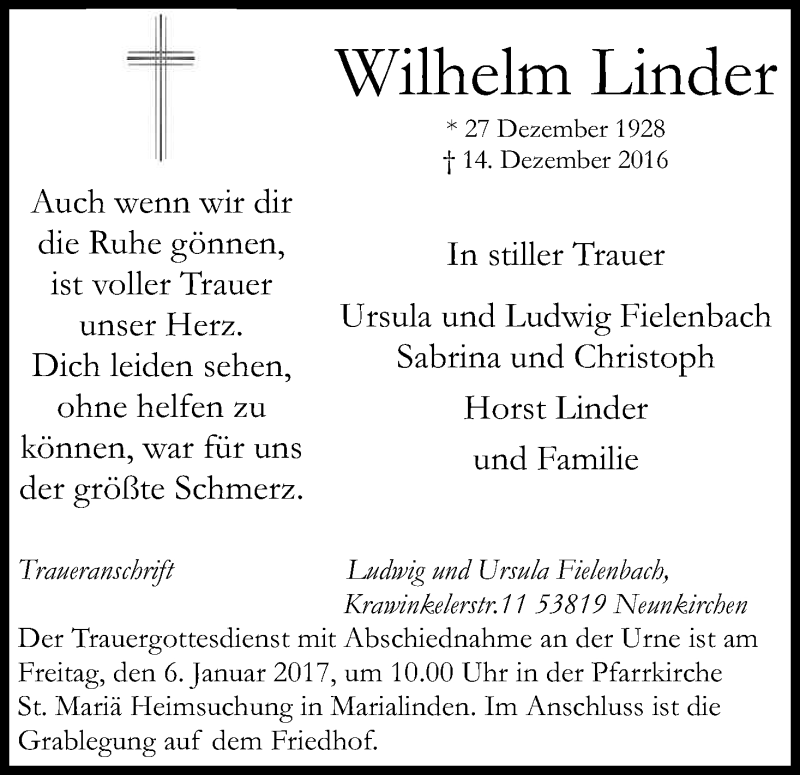  Traueranzeige für Wilhelm Linder vom 31.12.2016 aus Kölner Stadt-Anzeiger / Kölnische Rundschau / Express