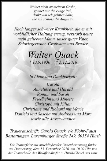 Anzeige von Walter Quack von Kölner Stadt-Anzeiger / Kölnische Rundschau / Express