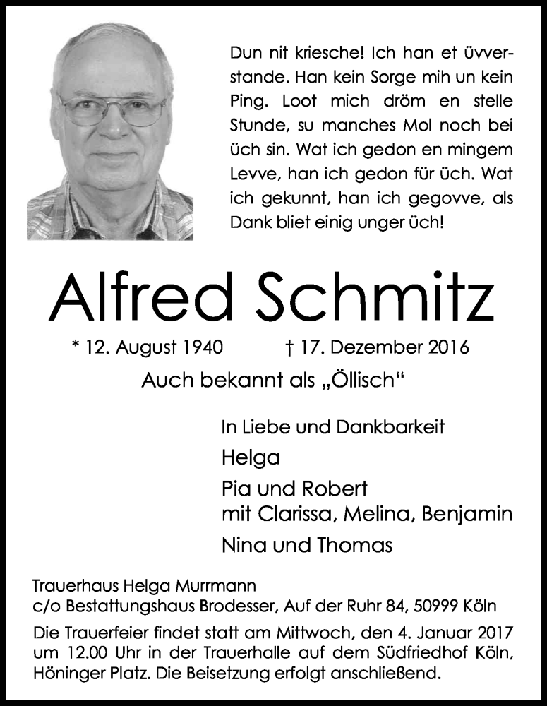  Traueranzeige für Alfred Schmitz vom 28.12.2016 aus Kölner Stadt-Anzeiger / Kölnische Rundschau / Express
