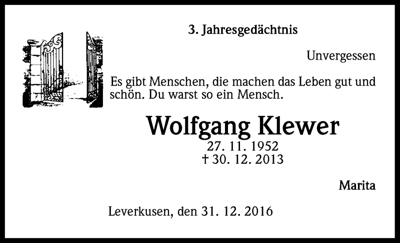  Traueranzeige für Wolfgang Klewer vom 18.07.2023 aus Kölner Stadt-Anzeiger / Kölnische Rundschau / Express