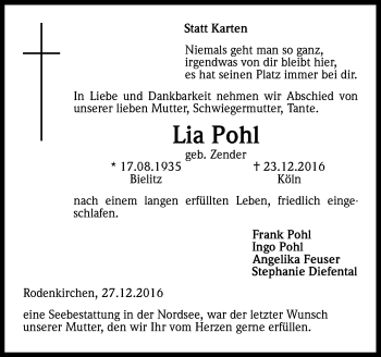 Anzeige von Lia Pohl von Kölner Stadt-Anzeiger / Kölnische Rundschau / Express
